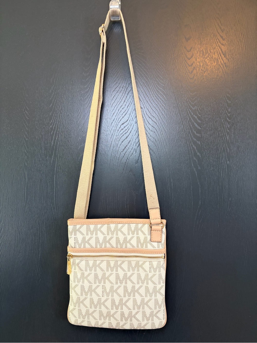 Michael Kors Tan and Cream Monogram Logo Crossbody Bag *FITS FULL SIZE IPAD
